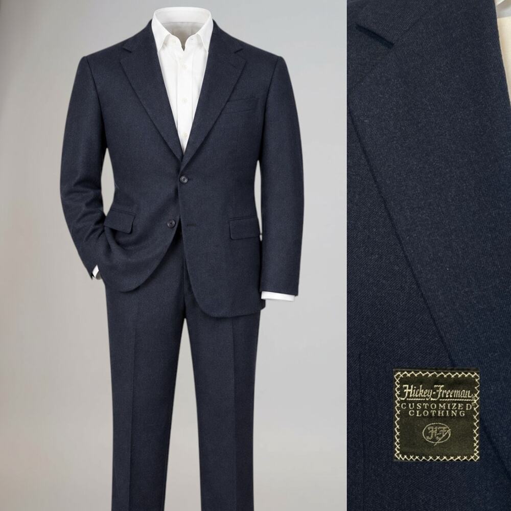 Hickey Freeman Boardroom Flannel Suit 42-44L 38x31.5 Midnight Blue Full-Cut